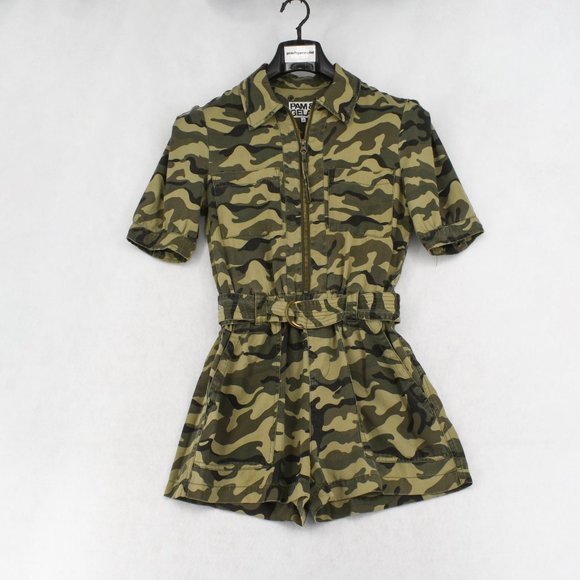 Pam & Gela Womens Romper Green Camo Puff Sleeve Zip Front Elastic Waist Jumpsuit - Picture 2 of 9